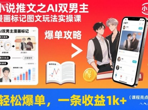 小说推文之AI双男主漫画标记图文玩法实操课,轻松爆单,一条收益1k+
