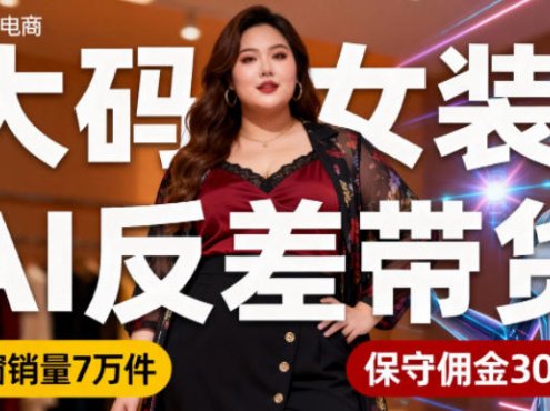 抖音小众赛道，大码女装AI反差带货，不用直播，每天6条作品，橱窗卖7万件，保守佣金30W+