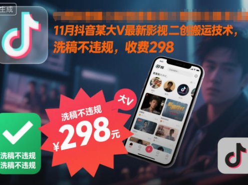11月抖音某大V最新影视二创搬运技术，洗稿不违规，收费298