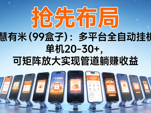 抢先布局慧有米(99盒子)：多平台全自动挂机，单机20-30+，可矩阵实现管道躺赚