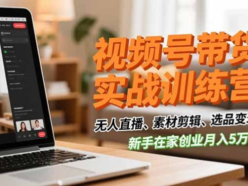 视频号带货实战训练营，无人直播、素材剪辑、选品变现，新手在家创业月入5万+