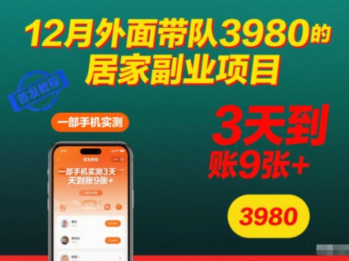 12月外面带队3980的居家副业项目,一部手机实测3天到账9张+,首发教程【揭秘】