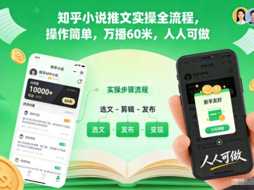 知乎小说推文实操全流程，操作简单，万播60米，人人可做