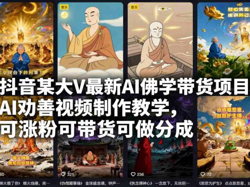 抖音某大V最新AI佛学带货项目,AI劝善视频制作教学,可涨粉可带货可做分成