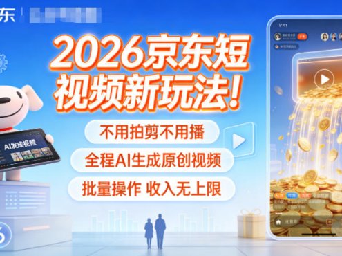 2026京东短视频新玩法!不用拍剪不用播,全程AI生成原创视频,批量操作收入无上限