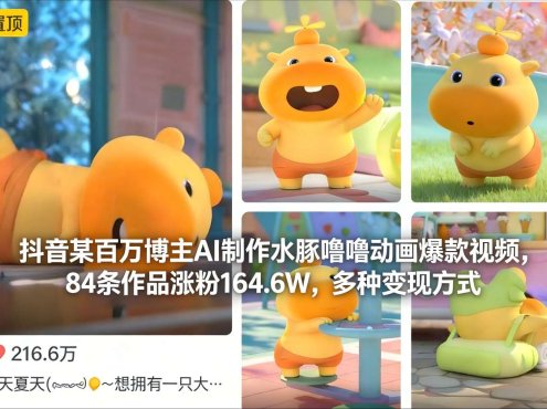 抖音某百万博主AI制作水豚噜噜动画爆款视频，84条作品涨粉164.6W，多种变现方式