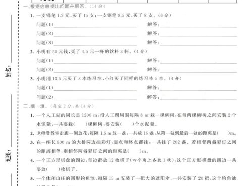 五年级上数学解决问题专项测试卷《人教版》