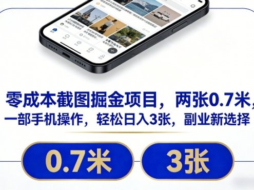 零成本截图掘金项目，两张0.7米，一部手机操作，轻松日入3张，副业新选择【揭秘】