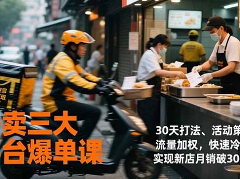 外卖三大平台爆单课，30天打法、活动策划、流量加权，快速冷启动，实现新店月销破3000单