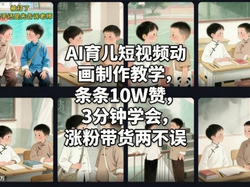AI育儿短视频动画制作教学，条条10W赞，3分钟学会，涨粉带货两不误