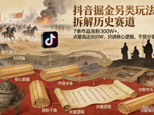 抖音掘金另类玩法,拆解历史赛道,7条作品涨粉300W+,点赞量高达900W,只讲核心逻辑,干货分享