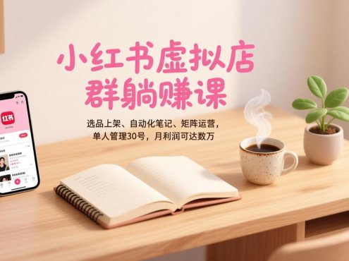 小红书虚拟店群躺赚课，选品上架、自动化笔记、矩阵运营，单人管理30号，月利润可达数万