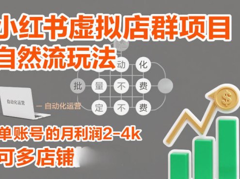 小红书虚拟店群项目，自然流玩法，批量自动化，稳定不费号，单账号的月利润2-4k，可多店矩阵