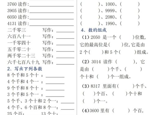 二年级上数学万以内数的认识专项提优
