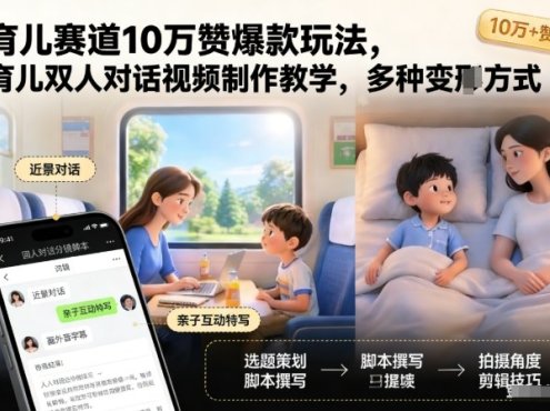 育儿赛道10万赞爆款玩法,育儿双人对话视频制作教学,多种变现方式