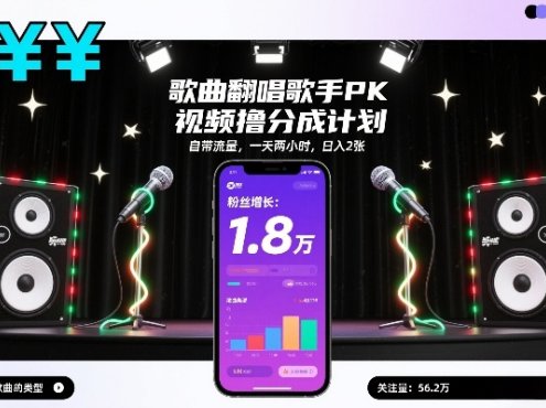 歌曲翻唱歌手PK视频撸分成计划，自带流量，一天两小时，日入2张