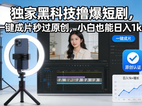 独家黑科技撸爆短剧，一键成片秒过原创，小白也能日入1k+【揭秘】