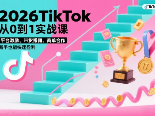 2026TikTok从0到1实战课，平台激励、带货賺佣、商单合作，新手也能快速盈利(3天直播课)