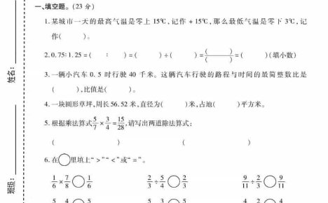 六上西师版数学【期末测试卷6】