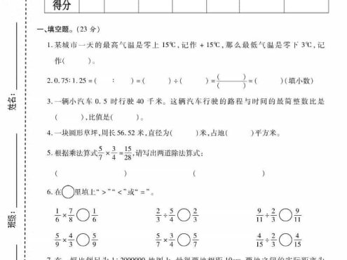 六上西师版数学【期末测试卷6】