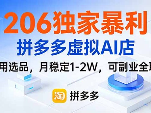 206独家暴利，拼多多虚拟AI店，不用选品，月稳定1-2W，可副业全职！