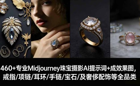460+专业Midjourney珠宝摄影AI提示词+成效果图,戒指/项链/耳环/手链/宝石/及奢侈配饰等全品类