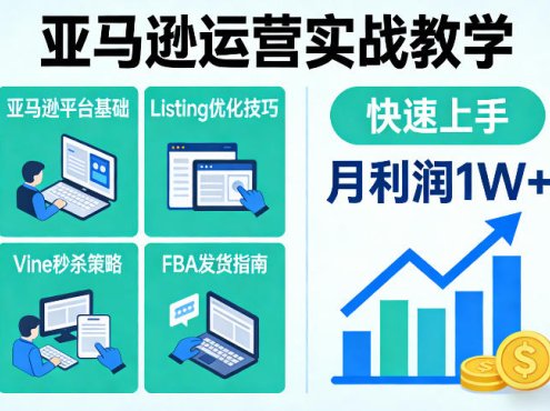 亚马逊运营实战教学，亚马逊平台+Listing优化+Vine秒杀+FBA发货等，快速上手，实现店铺月利润1W