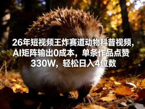 26年短视频王炸赛道动物科普视频,AI矩阵输出0成本,单条作品点赞330W,轻松日入4位数