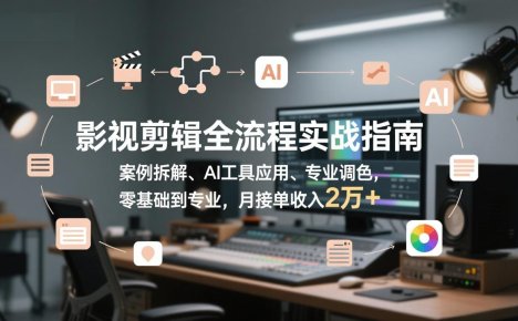 影视剪辑全流程实战指南，案例拆解、AI工具应用、专业调色，零基础到专业，月接单收入2万+