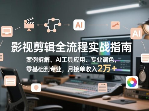影视剪辑全流程实战指南，案例拆解、AI工具应用、专业调色，零基础到专业，月接单收入2万+