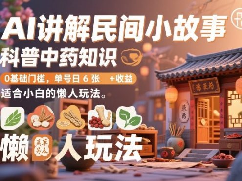AI讲解民间小故事，科普中药知识，0基础门槛，单号日6张+收益，适合小白的懒人玩法