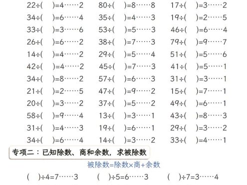 二年级下数学有余数的除法五大专项练习