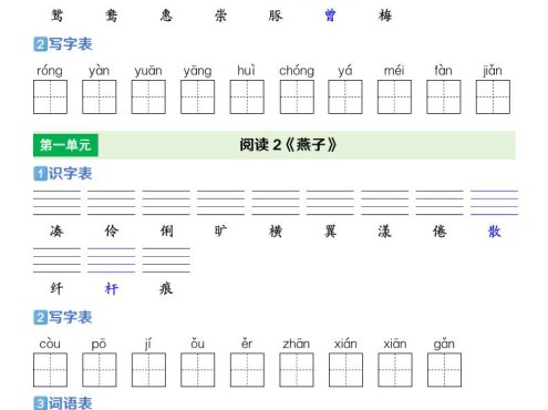 三年级下语文【识字表+写字表+词语表】专项练