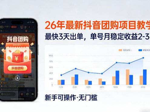26年最新抖音团购项目教学，0门槛，最快3天出单，单号月稳定收益2-3k