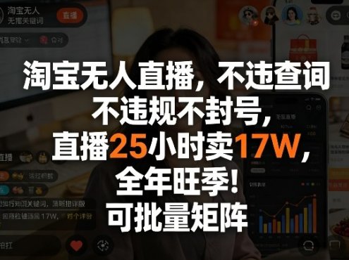 淘宝无人直播，不违规不封号，直播25小时卖17W，全年旺季！可批量矩阵【揭秘】