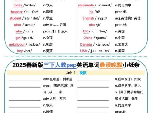 三年级下英语单词晨读晚默小纸条《人教PEP》