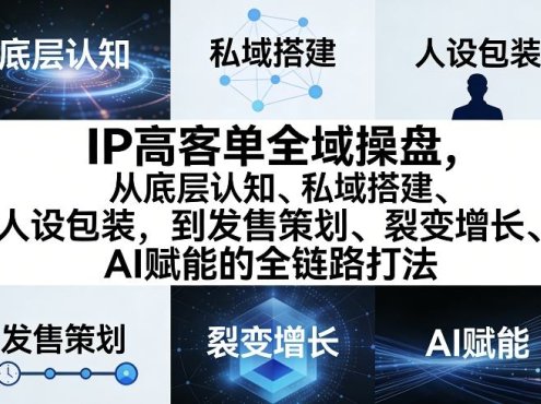 IP高客单全域操盘，从底层认知、私域搭建、人设包装，到发售策划、裂变增长、AI赋能的全链路打法