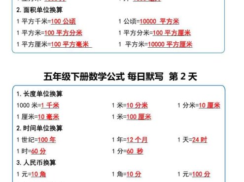 五年级下数学数学公式每日默写小纸条