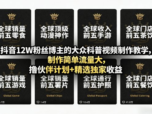 抖音12W粉丝博主的大众科普视频制作教学，制作简单流量大，撸伙伴计划+精选独家收益