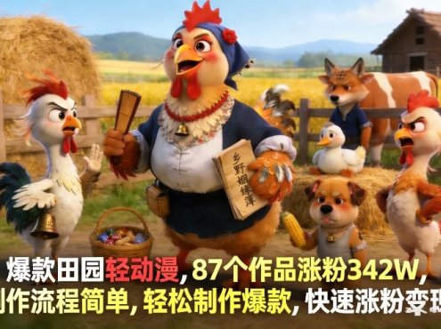 爆款田园轻动漫，87个作品涨粉342W，制作流程简单，轻松制作爆款，快速涨粉变现