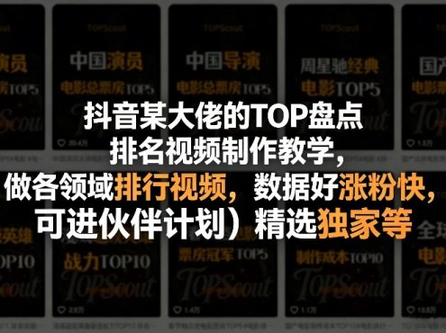 抖音某大佬的TOP盘点排名视频制作，做各领域排行视频，数据好涨粉快，可进伙伴计划＋精选独家等
