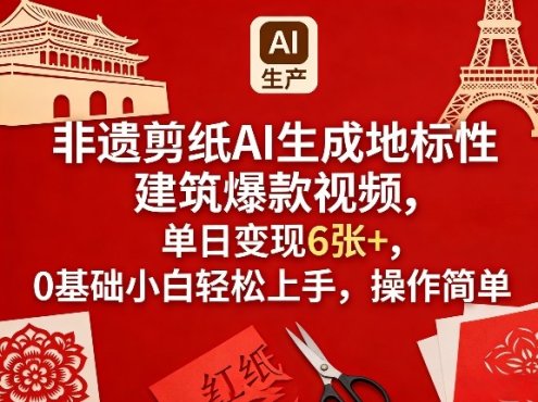 非遗剪纸AI生成地标性建筑爆款视频，单日变现6张+，0基础小白轻松上手，操作简单