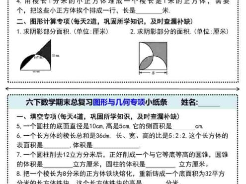 六年级下数学期末总复习图形与几何专项小纸条