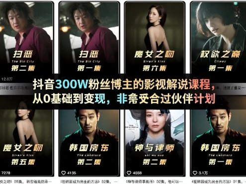 抖音300W粉丝博主的影视解说课程，从0基础到变现，非常适合过伙伴计划