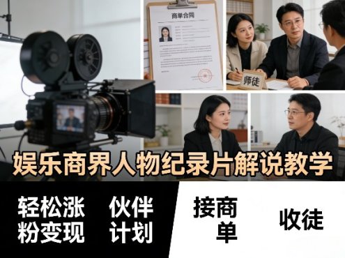 娱乐商界人物纪录片解说教学,轻松涨粉变现,伙伴计划,接商单,收徒等
