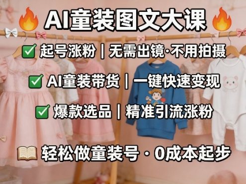 AI童装图文剪辑，某社群童装图文大课，起号涨粉、AI童装带货、爆款选品，无需出镜和拍摄