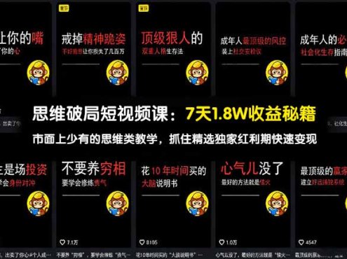 思维破局短视频课:7天1.8W收益秘籍:市面上少有的思维类教学,抓住精选独家红利期快速变现