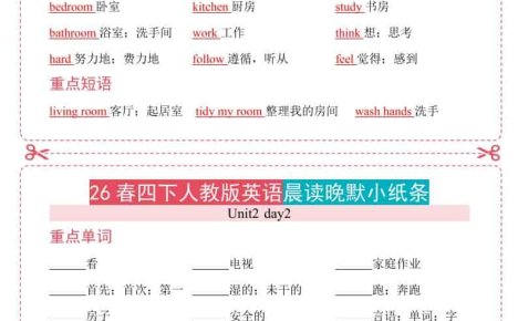 四年级下英语26春人教版英语晨读晚默小纸条