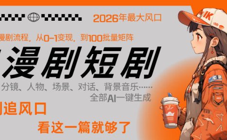26年AI一键生成漫剧短剧,1人就能跑通从剧本到变现全链路,单集1分钟利润轻松300