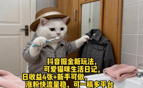 抖音掘金新玩法,可爱猫咪生活日记,日收益4张+新手可做,涨粉快流量稳,可一稿多平台